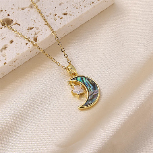 Elegant Commute Star Moon Stainless Steel Brass 18k Gold Plated Zircon Pendant Necklace In Bulk