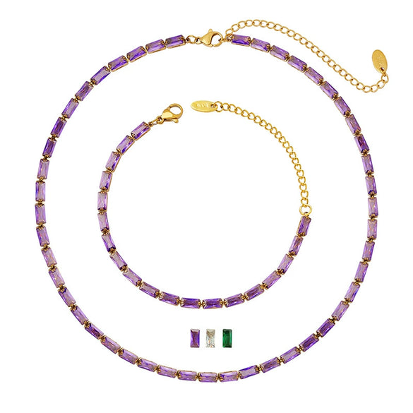 Elegant Creative Fashion Crystal Clear Purple Green White Zircon Titanium Steel Jewelry Necklace Bracelet Suit With Electroplating