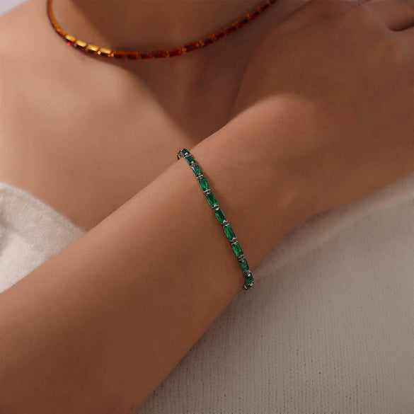 Elegant Creative Fashion Crystal Clear Purple Green White Zircon Titanium Steel Jewelry Necklace Bracelet Suit With Electroplating