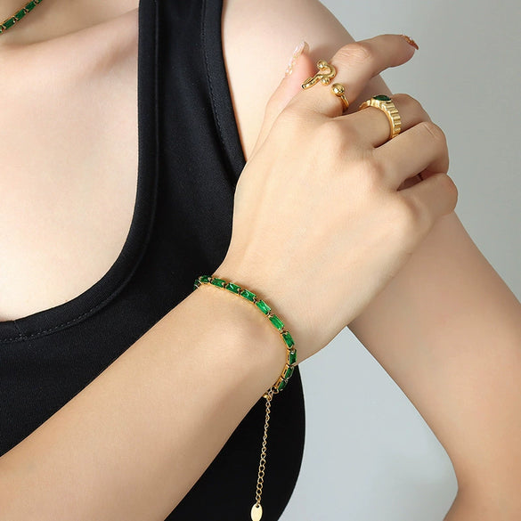 Elegant Creative Fashion Crystal Clear Purple Green White Zircon Titanium Steel Jewelry Necklace Bracelet Suit With Electroplating