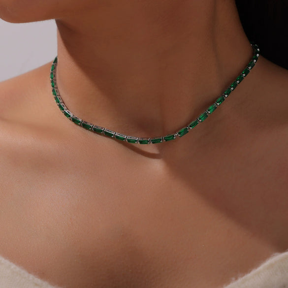 Elegant Creative Fashion Crystal Clear Purple Green White Zircon Titanium Steel Jewelry Necklace Bracelet Suit With Electroplating