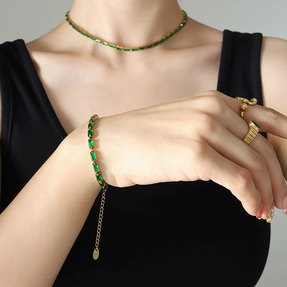 Elegant Creative Fashion Crystal Clear Purple Green White Zircon Titanium Steel Jewelry Necklace Bracelet Suit With Electroplating