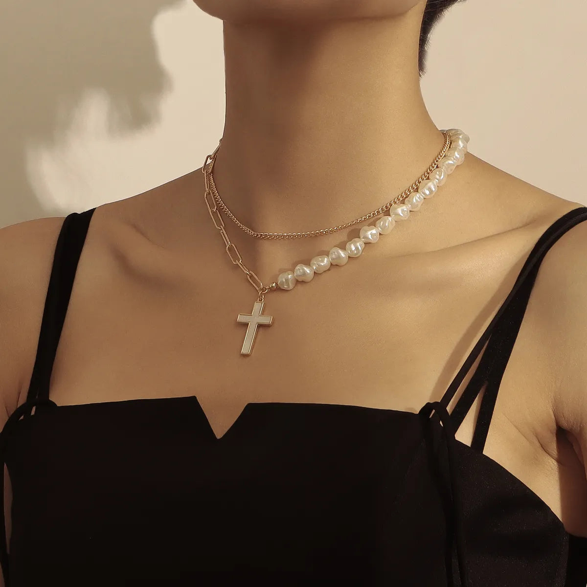 Elegant Cross Alloy Plating Artificial Pearls Shell Women's Layered Necklaces