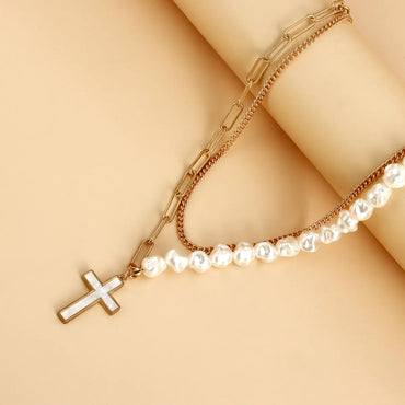 Elegant Cross Alloy Plating Artificial Pearls Shell Women's Layered Necklaces