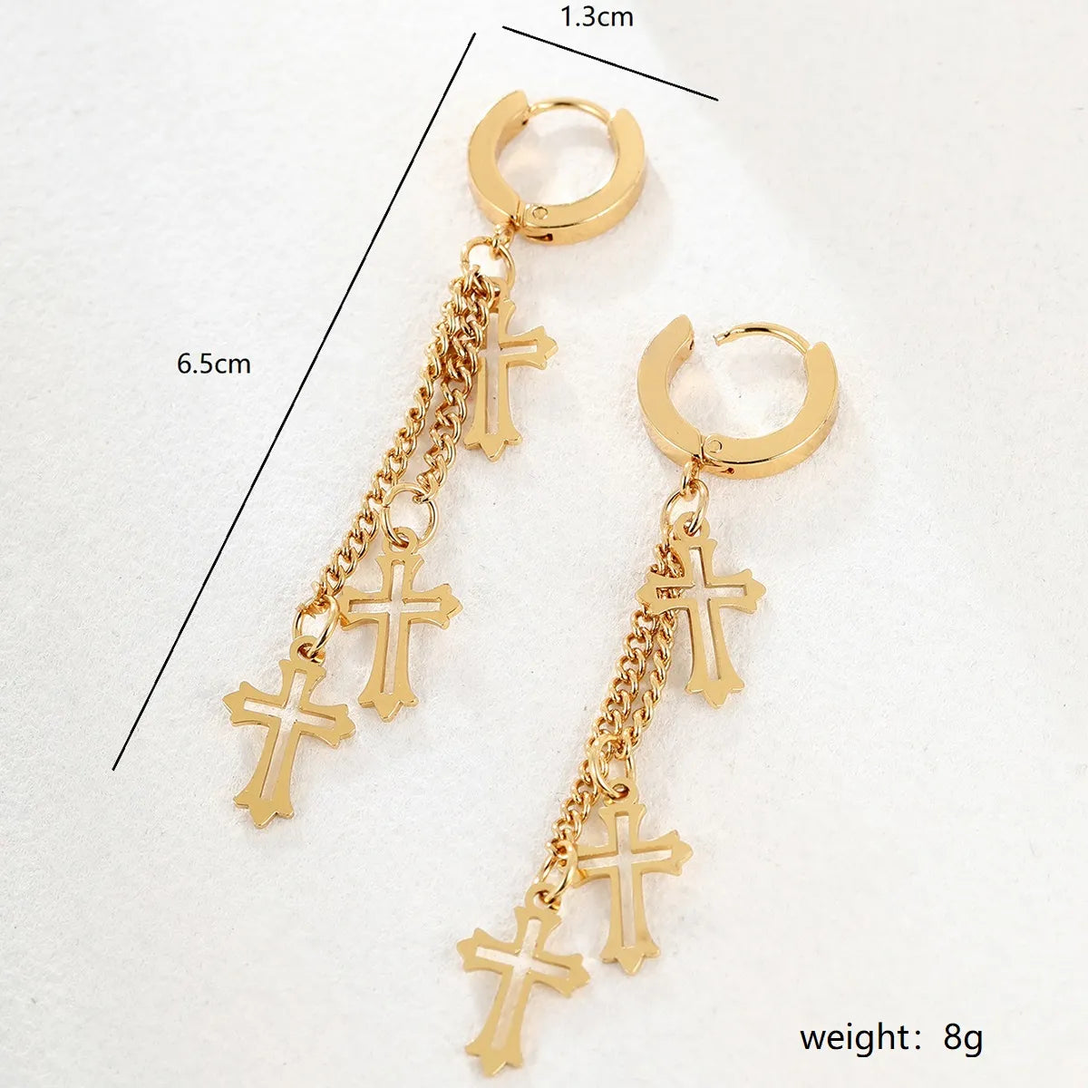 1 Pair Elegant Cross Feather Plating Stainless Steel Tassel 18k Gold Plated Dangling Earrings