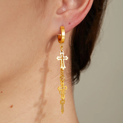 1 Pair Elegant Cross Feather Plating Stainless Steel Tassel 18k Gold Plated Dangling Earrings