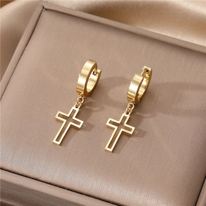 Elegant Cross Heart Shape Stainless Steel Enamel Dangling Earrings 1 Pair