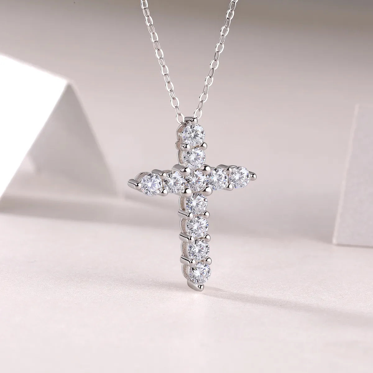 Elegant Cross Sterling Silver Inlay Moissanite Pendant Necklace