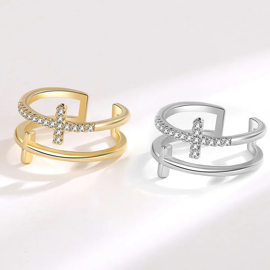 Elegant Cross Sterling Silver Plating Inlay Zircon Open Rings