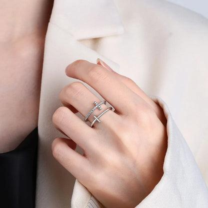 Elegant Cross Sterling Silver Plating Inlay Zircon Open Rings