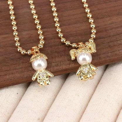 Elegant Cute Cartoon Character Copper Plating Inlay Pearl Pendant Necklace