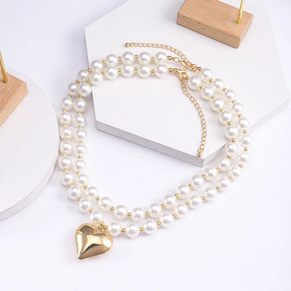 Elegant Cute Heart Shape Artificial Pearl Alloy Plastic Wholesale Double Layer Necklaces