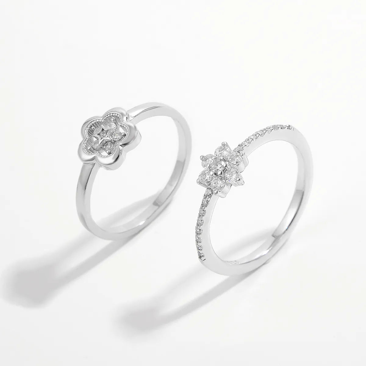 Elegant Cute Lady Flower Sterling Silver Plating Hollow Out Inlay Zircon White Gold Plated Rings