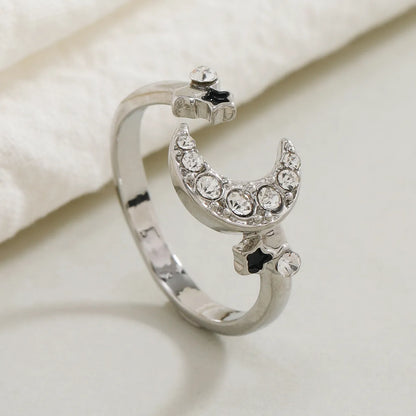 Elegant Cute Moon Alloy Asymmetrical Rhinestones Pearl Silver Plated Unisex Open Rings