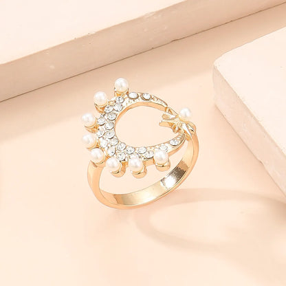 Elegant Cute Moon Alloy Asymmetrical Rhinestones Pearl Silver Plated Unisex Open Rings