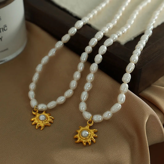 Elegant Cute Sun Freshwater Pearl Titanium Steel Plating 18k Gold Plated Pendant Necklace