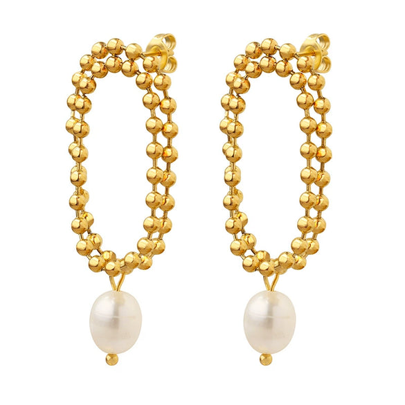 Elegant Double Layer Tassel Earrings For Women With Freshwater Pearl Rice Bead Chain Geometric Titanium Steel Electroplated Design