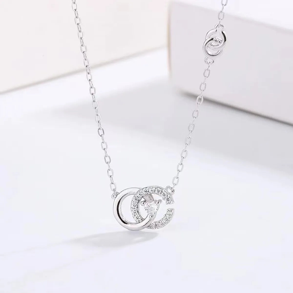 Elegant Double Ring Sterling Silver Zircon Pendant Necklace In Bulk