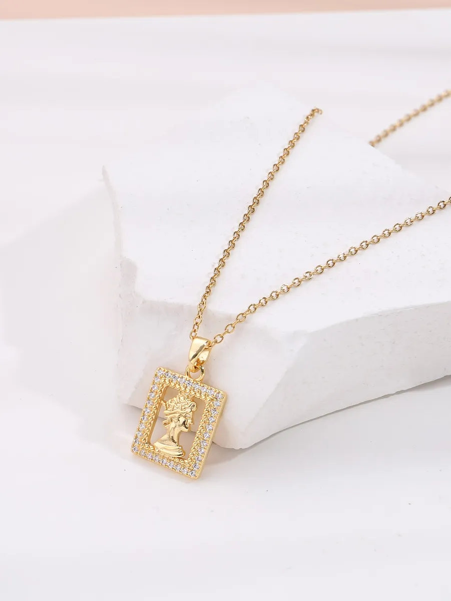 Elegant Fashion Square Copper Plating Inlay Zircon 18k Gold Plated Pendant Necklace