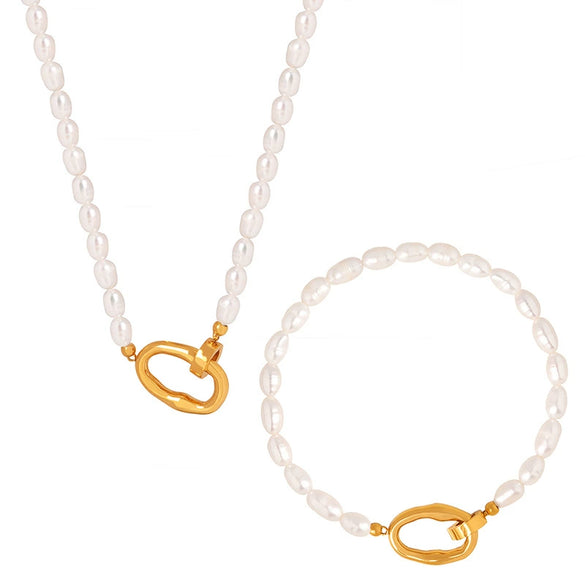 Elegant Fashion Titanium Steel And Freshwater Pearl Pendant Necklace And Bracelet Jewelry Suit With Electroplating