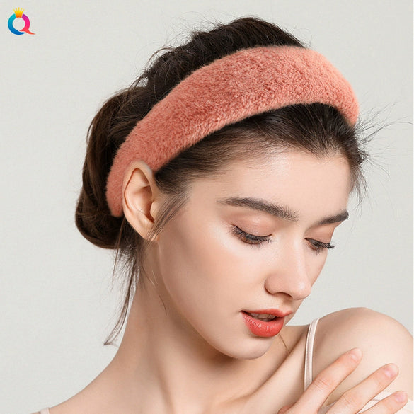 Elegant Faux Mink Plush Headband For Women Handmade Geometric Warm Hair Accessory For Autumn And Winter
