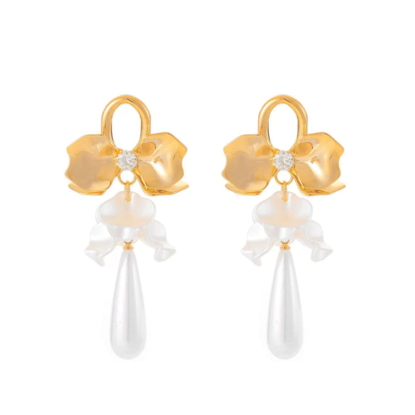 Elegant Floral Pearl Drop Earrings With Real Gold Plating Minimalist Mixedmaterial Jewelry For Women