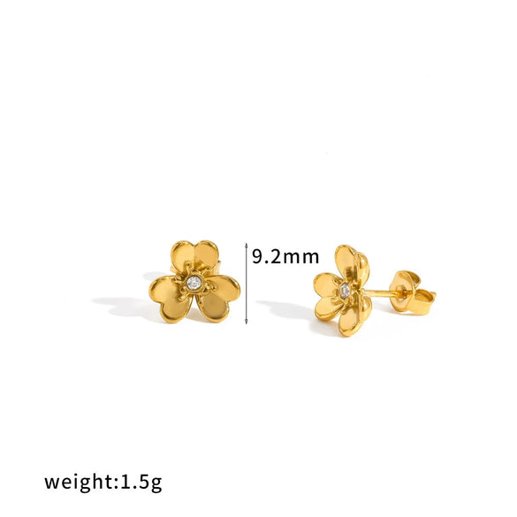 Elegant Floral Stainless Steel Stud Earrings For Women With Vacuum Gold Plated Finish And Diamond Inlay