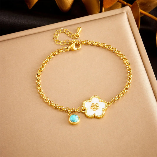 Elegant Flower 304 Stainless Steel Turquoise Bracelets In Bulk