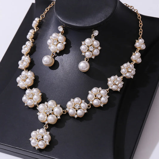 Elegant Flower Alloy Inlay Artificial Pearls Rhinestones Earrings Necklace