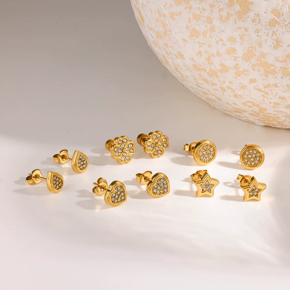 Elegant Flower Earrings For Women With Full Diamond Inlay Titanium Steel And Stainless Steel Needle In Pvd Vacuum Gold Plated Finish