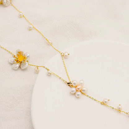 Elegant Flower Freshwater Pearl Brass Beaded Sweater Chain