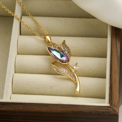 Elegant Flower Stainless Steel Copper 18k Gold Plated Zircon Pendant Necklace In Bulk