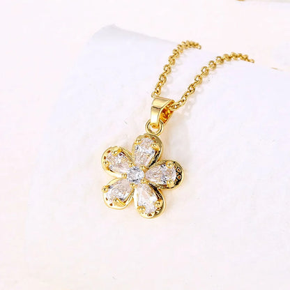 Elegant Flower Stainless Steel Plating Hollow Out Inlay Zircon 18k Gold Plated Pendant Necklace