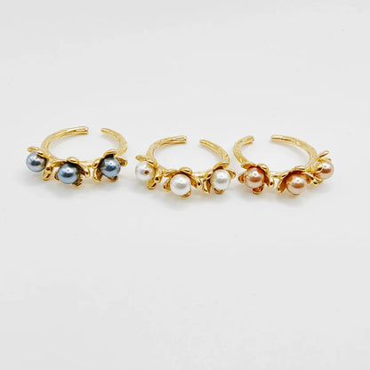 Wholesale Jewelry Elegant Flower 304 Stainless Steel Artificial Pearls 14K Gold Plated Plating Inlay Open Rings