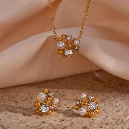 Wholesale Jewelry Elegant Flower 304 Stainless Steel Pearl Zircon 18K Gold Plated Plating Inlay Earrings Necklace