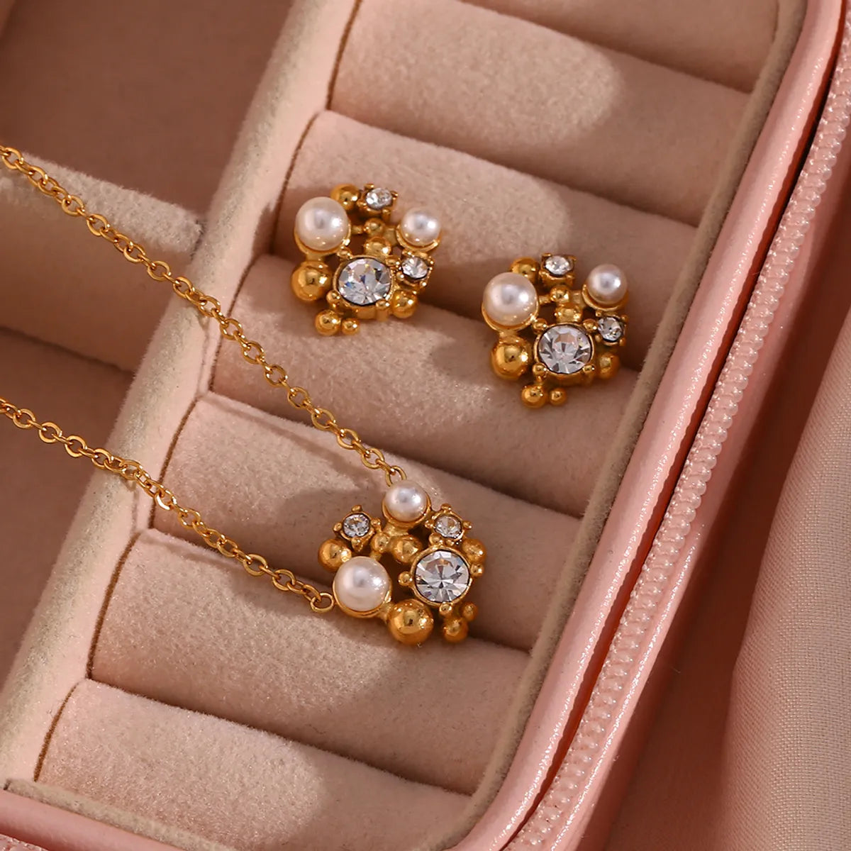 Wholesale Jewelry Elegant Flower 304 Stainless Steel Pearl Zircon 18K Gold Plated Plating Inlay Earrings Necklace