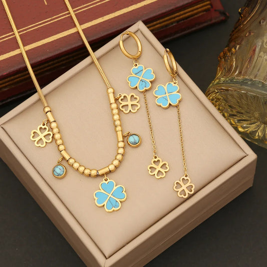 Wholesale Elegant Flower Stainless Steel Plating Inlay Turquoise Bracelets Earrings Necklace