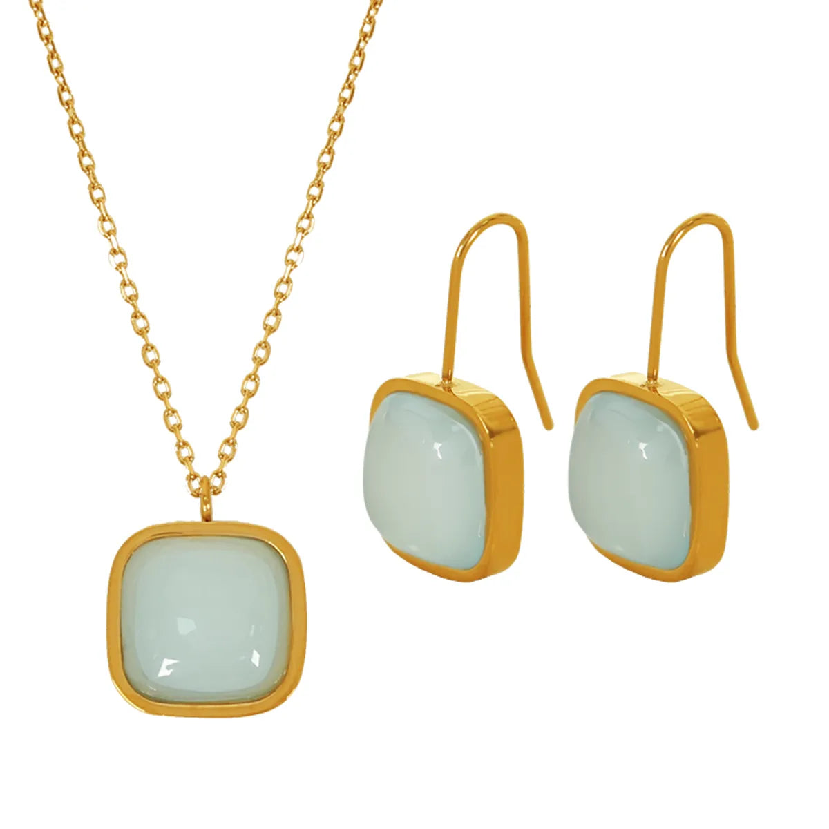 Elegant Formal Simple Style Square Titanium Steel Plating Inlay Jade 18k Gold Plated Earrings Necklace