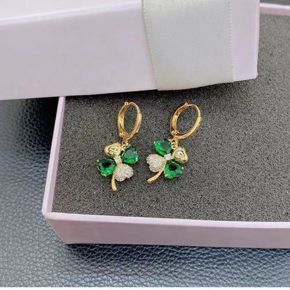 Elegant Four Leaf Clover Alloy Inlay Zircon Women'S Drop Earrings