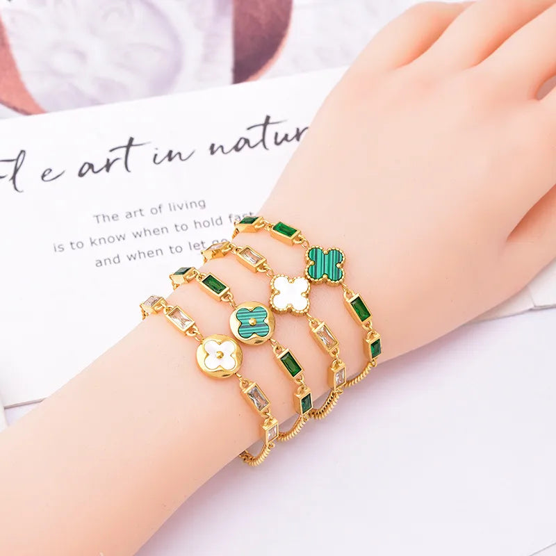 Elegant Four Leaf Clover Titanium Steel Plating Shell Zircon Bracelets