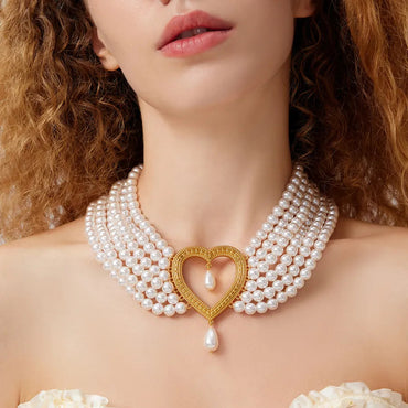 Elegant French Style Heart Shape Imitation Pearl Alloy Beaded 18K Gold Plated Women'S Layered Necklaces