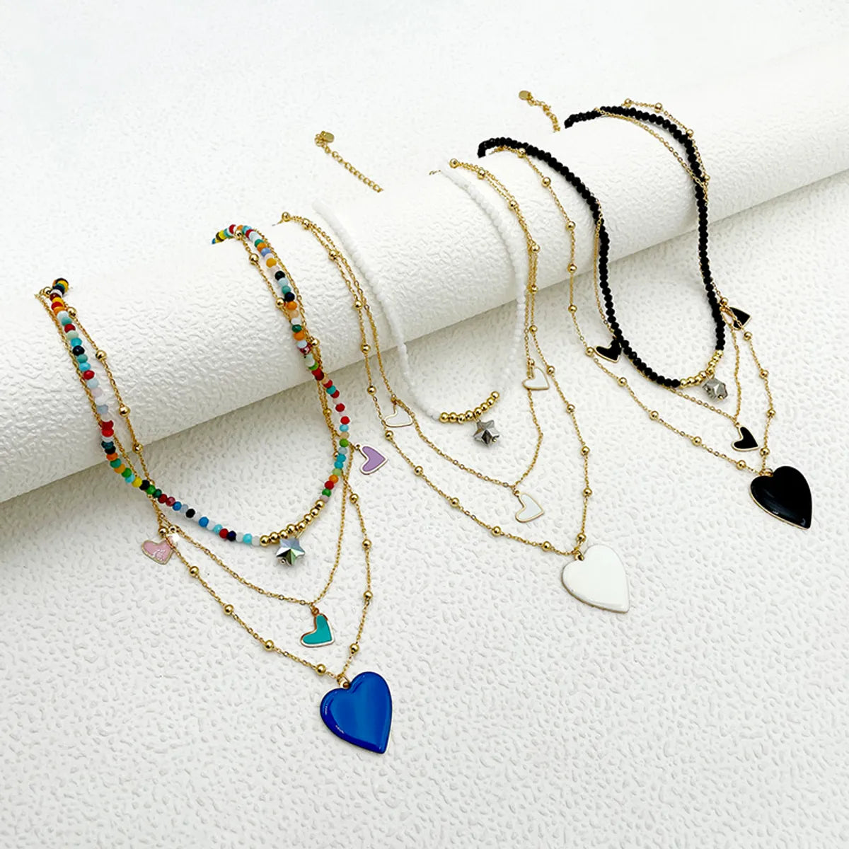 Elegant French Style Heart Shape Stainless Steel Layered Enamel Plating Gold Plated Three Layer Necklace