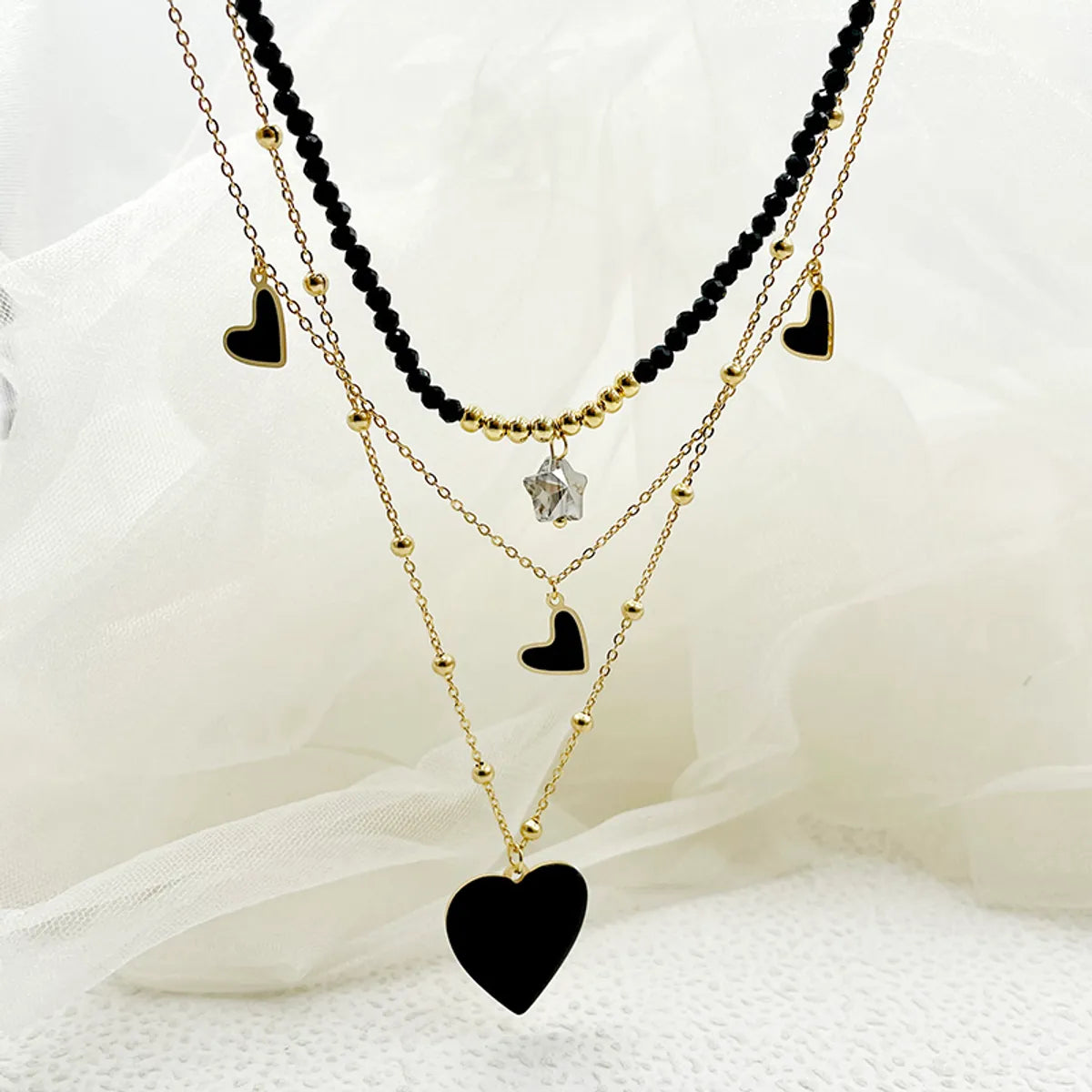 Elegant French Style Heart Shape Stainless Steel Layered Enamel Plating Gold Plated Three Layer Necklace