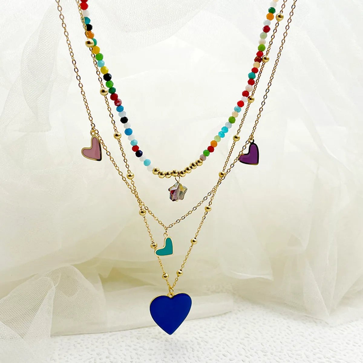 Elegant French Style Heart Shape Stainless Steel Layered Enamel Plating Gold Plated Three Layer Necklace