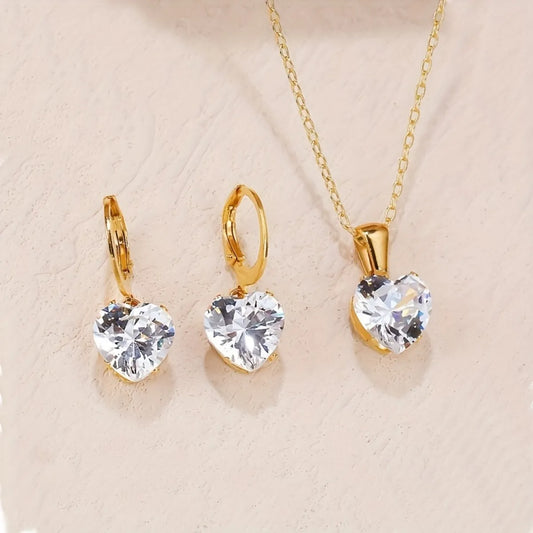 Elegant French Style Heart Shape Stainless Steel Plating Inlay Zircon Gold Plated Pendant Necklace