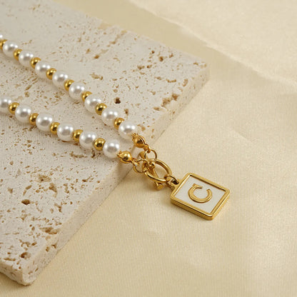 Elegant French Style Letter Stainless Steel Pearl Plating Inlay Shell 18k Gold Plated Pendant Necklace