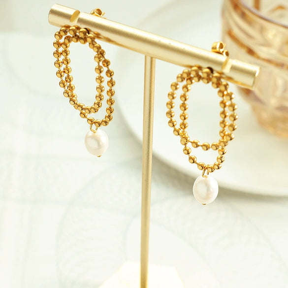 Elegant Freshwater Pearl Double Stud Chain Earrings For Women In Electroplated Titanium Steel Geometric All Match Style