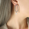 Elegant Freshwater Pearl Double Stud Chain Earrings For Women In Electroplated Titanium Steel Geometric All Match Style