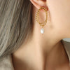 Elegant Freshwater Pearl Double Stud Chain Earrings For Women In Electroplated Titanium Steel Geometric All Match Style