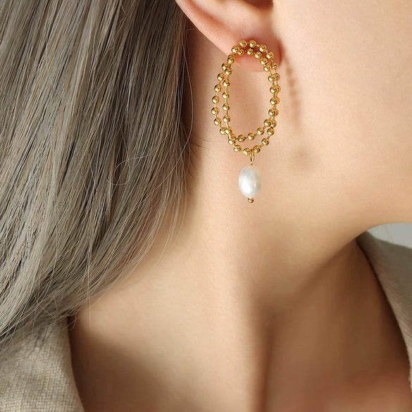 Elegant Freshwater Pearl Double Stud Chain Earrings For Women In Electroplated Titanium Steel Geometric All Match Style